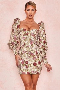 'Azie' Vintage Floral Jacquard Puff Sleeve Dress