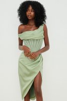 'Lulu' Pistachio Asymmetric Drape Midi Corset Dress