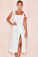 'Carmella' White Shirred Midi Sundress