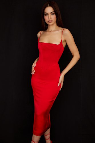 'Anais' Scarlet Satin Corset Midi Dress