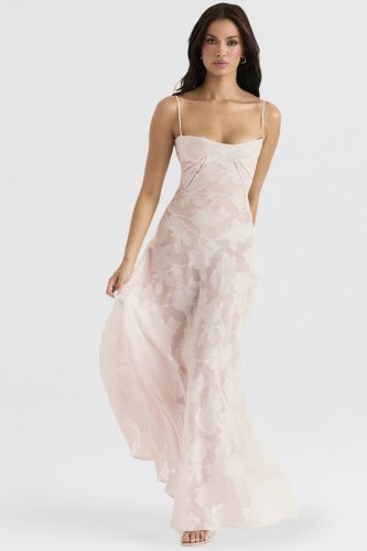 'Seren' Soft Pink Floral Lace Back Maxi Dress