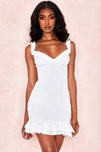 'Evelyn' White Shirred Ruffle Mini Dress