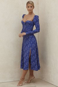 'Gaia' Sapphire Floral Puff Sleeve Midi Dress