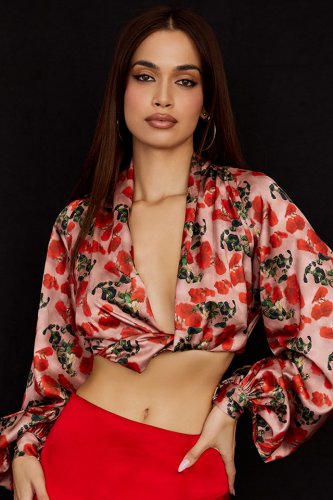 'Monica' Rose Print Satin Plunge Top