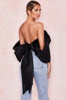 'Elisetta' Black Satin Plunge Off Shoulder Bustier