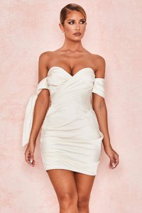 'Joy' Ivory Satin Off Shoulder Tie Dress