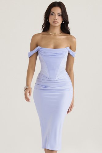 'Natalya' Sky Satin Corset Midi Dress