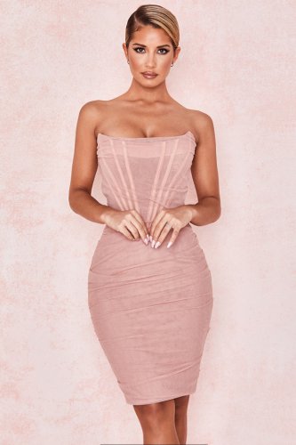 'Leila' Blush Mesh Strapless Corset Dress