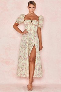 'Tallulah' Lemon Floral Puff Sleeve Midi Sundress