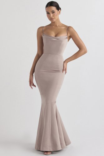 'Violette' Mushroom Satin Fishtail Gown