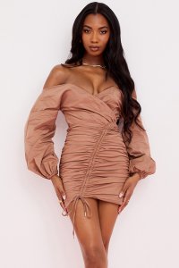 'Indra' Mocha Off The Shoulder Wrap Mini Dress