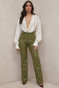 'Inaya' Olive Stretch Vegan Leather Trousers