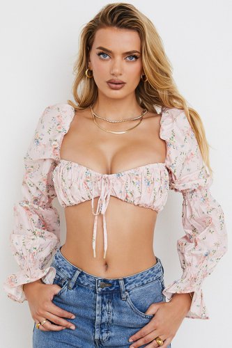 'Henrietta' Pink Floral Shirred Bralette Top