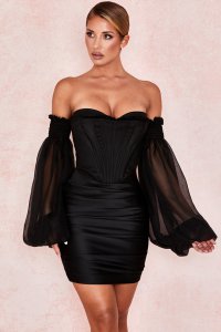 'Beau' Black Satin and Chiffon Corset Dress