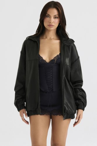 'Larissa' Black Vegan Leather Oversized Bomber Jacket