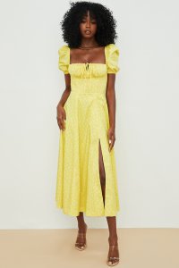 'Tallulah' Yellow Floral Puff Sleeve Midi Dress