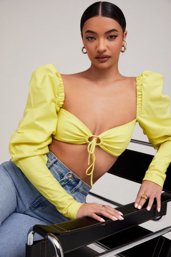 Mistress Rocks 'Tough Love' Lemon Puff Sleeve Cropped Top