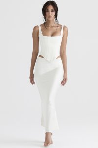 'Colette' Ivory Satin Bias Cut Midi Skirt