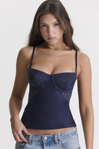 'Cecilie' Navy Satin & Lace Cami Top