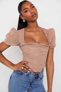 'Nora' Tan Mesh Puff Sleeve Gathered Corset