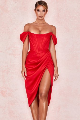 'Loretta' Red Satin Off Shoulder Dress