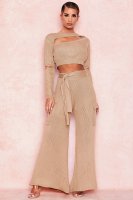 'Lila' Sand Rib Knit Wide Leg Trousers