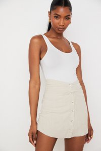 'Tayo' Beige Linen Gathered Waist Mini Skirt