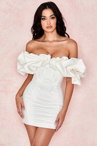 'Selena' Ivory Satin Ruffle Strapless Dress