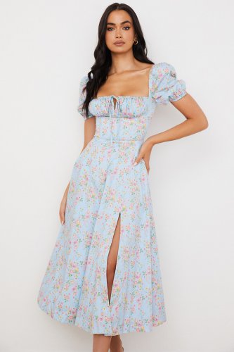 'Tallulah' Blue Vintage Floral Puff Sleeve Midi Dress