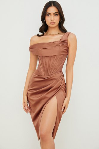 'Lulu' Toffee Asymmetric Drape Midi Corset Dress