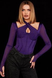 'Angharad' Grape Halterneck Corset Bodysuit