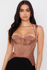 'Livia' Toffee Satin Peplum Corset