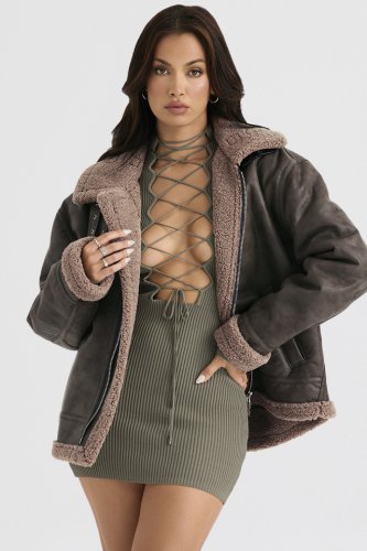 'Madden' Army Green Vegan Shearling Aviator Jacket