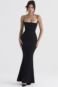 'Olivette' Black Satin Corset Maxi Dress