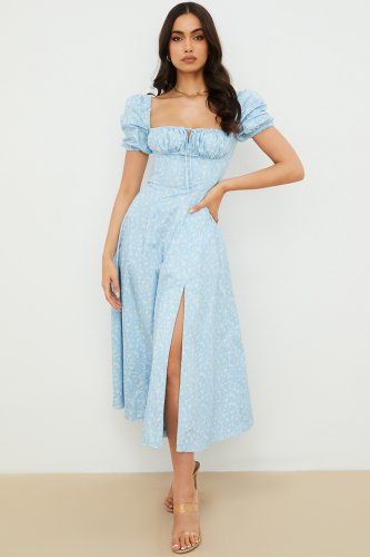 'Tallulah' Blue Ivory Floral Puff Sleeve Midi Dress