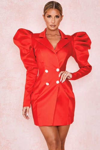 'Esther' Red Exaggerated Sleeve Tux Dress