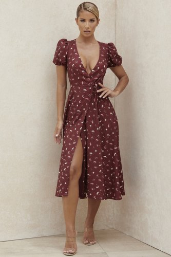 'Justina' Wine Floral Wrap Dress