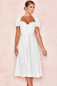 'Ellery' White Linen Blend Puff Sleeve Midi Sundress