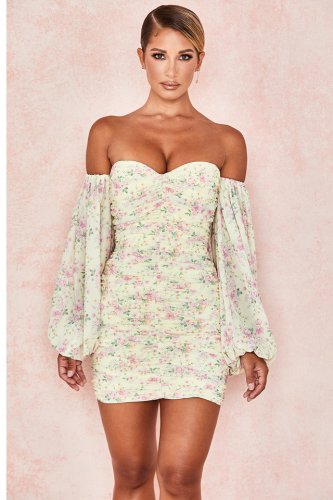 'Giovanna' Lemon Floral Ruched Corset Dress