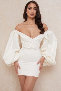 'Carlyn' Ivory Satin Balloon Sleeve Mini Dress