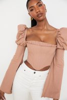 'Nala' Mocha Linen Blend Flared Sleeve Corset