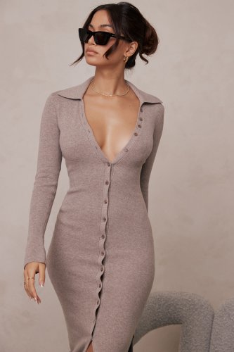 'Yvette' Beige Cashmere Knit Midi Dress