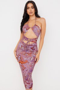 'Kasia' Purple Swirl Cutout Midi Dress