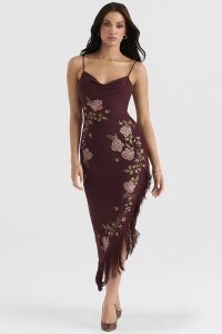 'Eloisa' Wine Embroidered Midi Dress