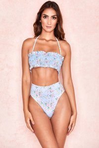 'Perdita' Blue Floral Print Shirred Bikini