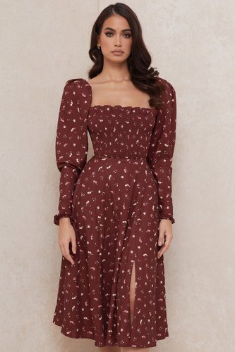 'Falabella' Wine Floral Shirred Midi Dress