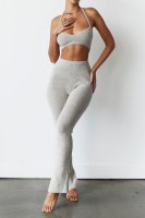 'Raven' Oatmeal Ribbed Knit Flared Trousers