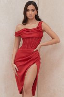 'Lulu' Red Asymmetric Drape Midi Corset Dress