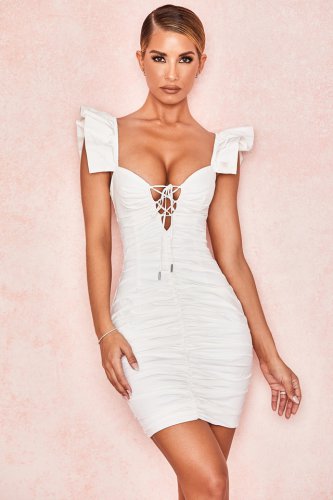 'Kara' White Ruched Cotton Ruffle Dress