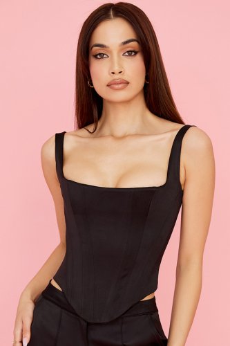 'Rafa' Black Satin Longline Corset